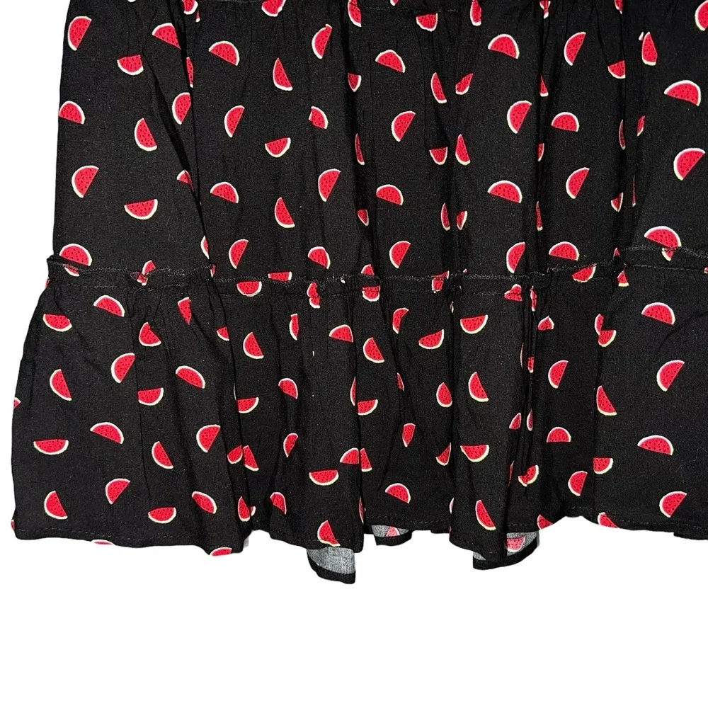Lily White Watermelon Print Tiered‎ Mini Dress Black Red Smocked Back Adjustable